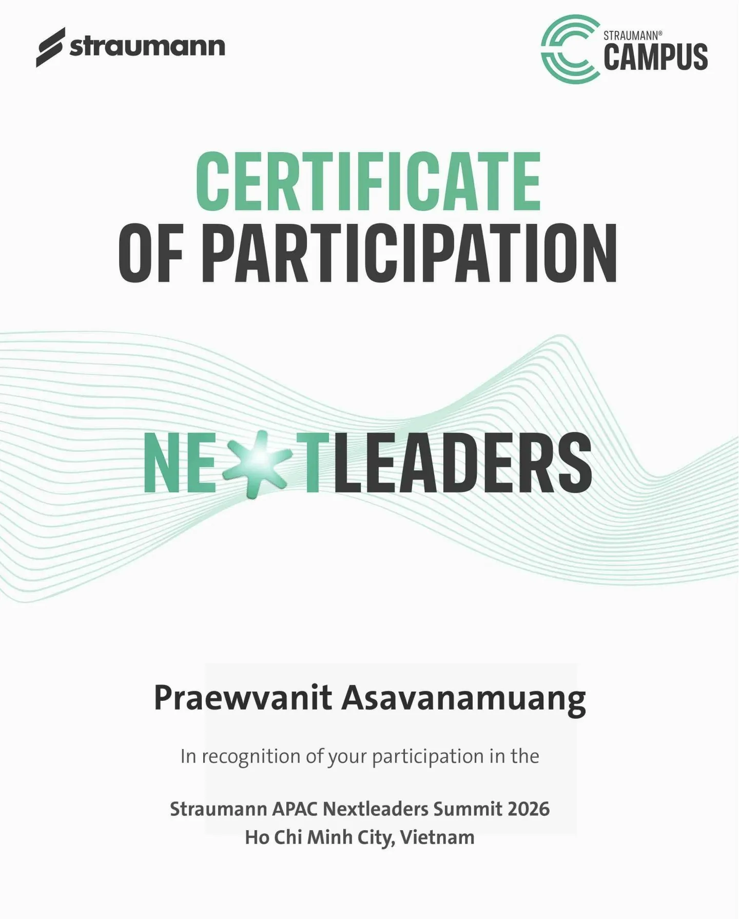 Certificate of Participation – Praewwanit Asayanamuang, Straumann APAC Nextleaders Summit 2026, Ho Chi Minh City, Vietnam